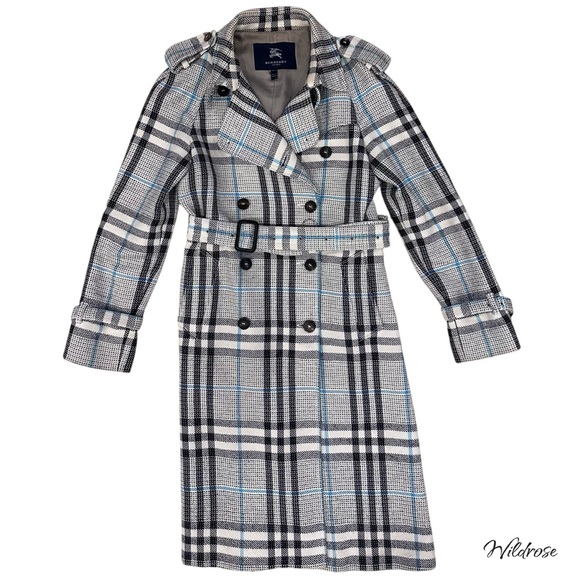 Burberry London Double Breasted Blue & Cream Plaid Trench CoatSize US 10